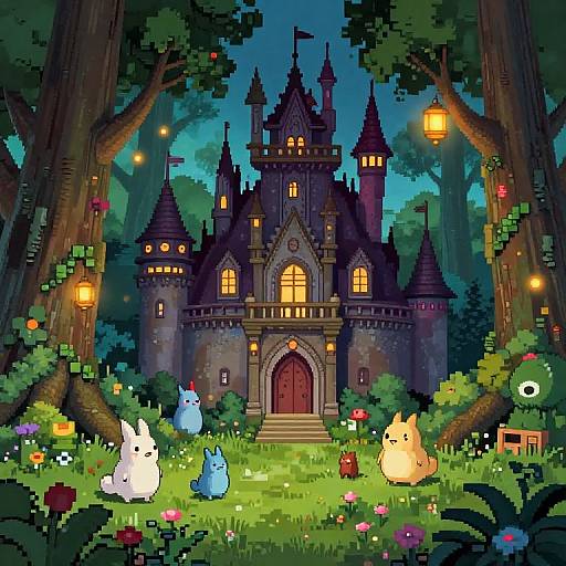 Pixel art of a whimsical, fairy-tale castle at night, surrounded by glowing lanterns, colorful flowers, and cute, fluffy, pixelated