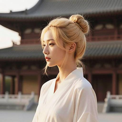 Blond Hair Chic Bun with Asian Architecture