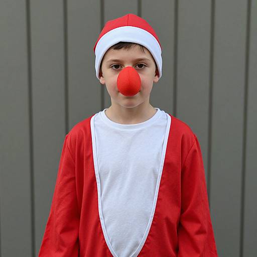 Photograph of a young boy with fair skin, brown hair, wearing a red Santa hat, red nose, and red-white outfit, standing against a