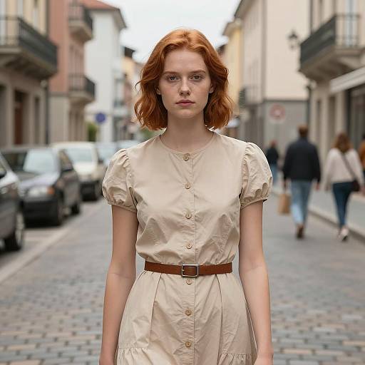Photorealistic Street Style Woman in Beige Dress
