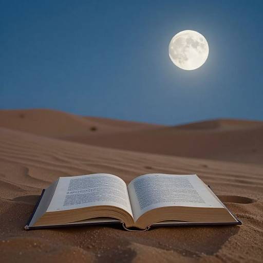 Open book on sandy desert under bright full moon in clear blue sky. Photograph captures serene, mystical night scene.