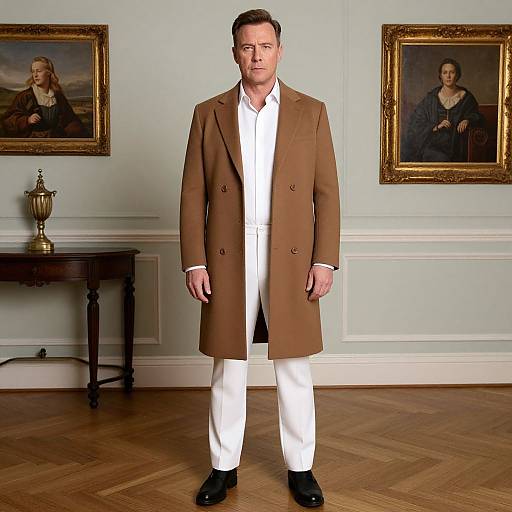 Photograph of a middle-aged man in a brown coat, white shirt, and trousers, standing in an elegant room with two framed portraits on light green