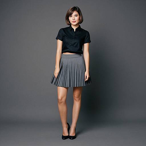 Young woman in black shirt and grey pleated skirt