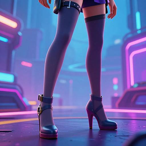 CGI image of a woman's legs in thigh-high grey socks and purple high heels with a buckle, standing in a neon-lit futuristic cityscape