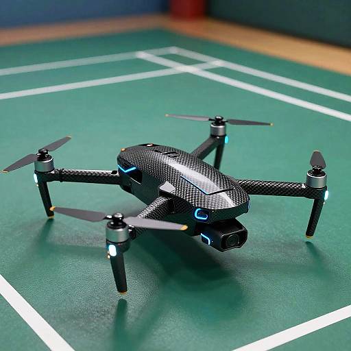 Photograph of a sleek, black quadcopter drone with blue LED lights, textured body, and four spinning propellers on a green floor with white