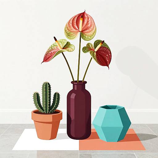 Modern Still Life with Anthuriums and Cacti