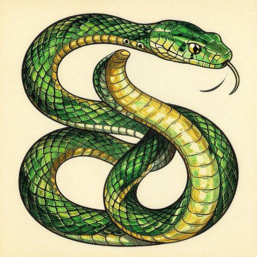 Illustration of a coiled green and yellow snake with detailed scales, black outlines, and a forked tongue, set against a white background.
