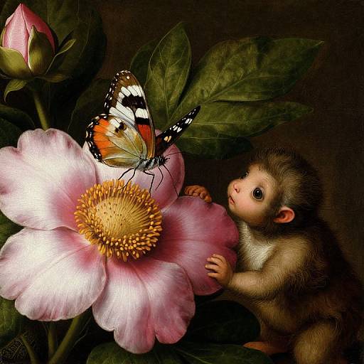 Digital artwork of a curious baby monkey touching a large pink flower, with a vibrant butterfly perched on it, surrounded by dark green leaves.