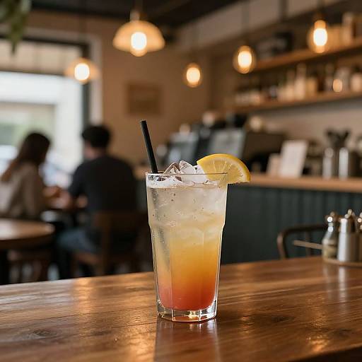 Photograph of a refreshing summer drink with ice cubes, lemon slice, and black straw on a wooden bar table in a cozy, dimly-lit