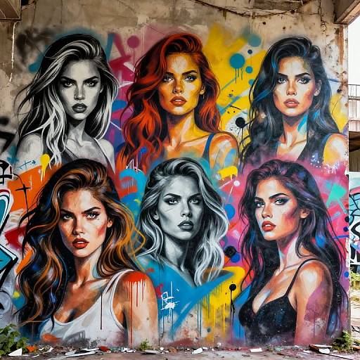 Vibrant graffiti mural featuring five stylized, attractive women with various hair colors and styles, wearing tank tops, against a colorful, splattered background