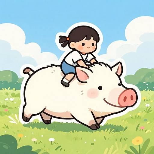 Cartoon-style drawing of a smiling Asian girl with black pigtails riding a happy pink-nosed white pig in a bright blue sky with fluffy clouds