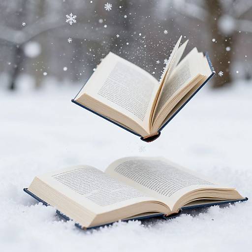 Photograph of an open book floating in mid-air above a snow-covered ground, with falling snowflakes and blurred winter trees in the background.