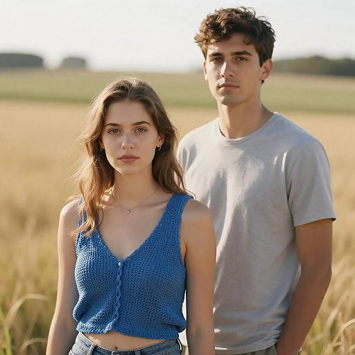 Serious Young Couple in Sunlit Field