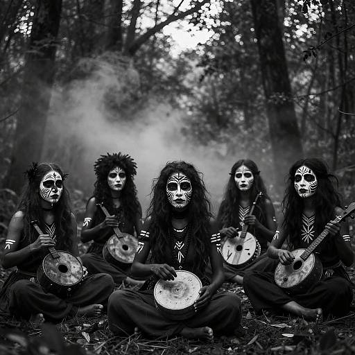 Black-and-white photograph of five indigenous women with long, wild hair, white face paint, and traditional instruments, sitting in a foggy forest.