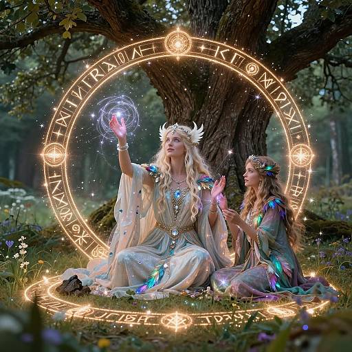 Photograph of two ethereal women with glowing, magical auras, seated under a tree, casting spells, surrounded by a glowing circle with runes,