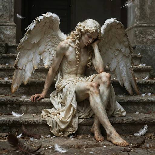 Photorealistic digital art of a sorrowful, white-winged, nude angel with long, curly blonde hair, sitting on stone steps, draped in