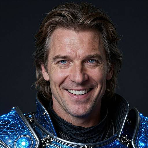 Glowing Blue-Eyed Armored Man Portrait