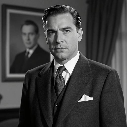 Black-and-white photograph of a serious, well-groomed man in a dark suit, white shirt, and patterned tie, with a blurred portrait