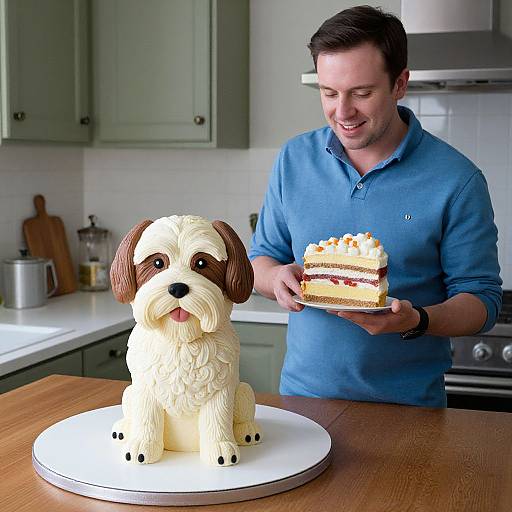 Photograph of a smiling man in a blue polo shirt holding a slice of cake, standing beside a detailed, cake-shaped dog on a kitchen counter.
