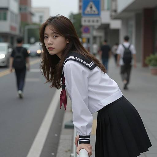 Asian Woman in Sailor-Style Outfit Leaning on Railing