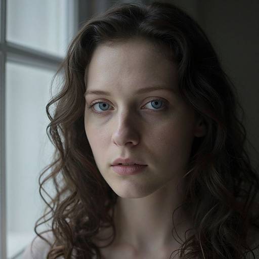 Photograph of a serious, fair-skinned woman with long, wavy brown hair and blue eyes, standing near a window with soft light.