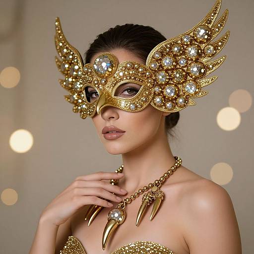 Photograph of a woman with fair skin, dark hair, wearing a glittering gold masquerade mask with winged embellishments, and a matching