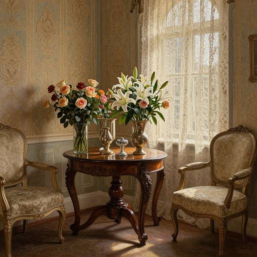 Vintage photograph of an elegant room with floral wallpaper, lace curtains, a wooden table, and two ornate armchairs, featuring a vase of roses