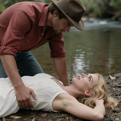 Tense Riverside Encounter: Man and Woman