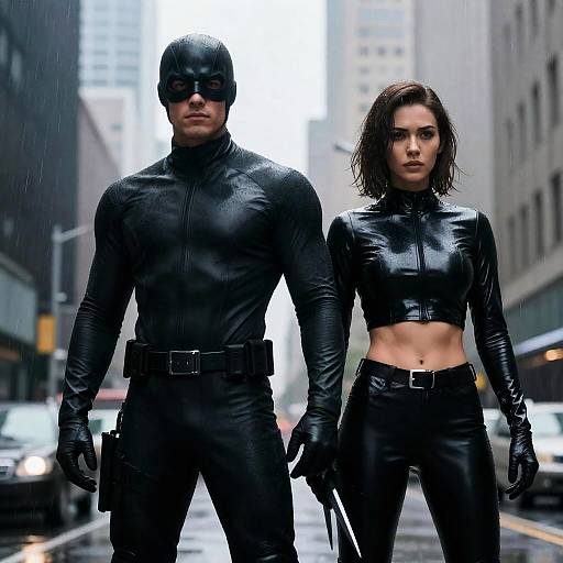 Two Superheroes in Rainy Urban Scene