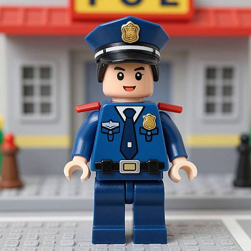 Photograph of blue LEGO police minifigure with black hair, badge, and red shoulder epaulettes, standing in front of a blurred LEGO