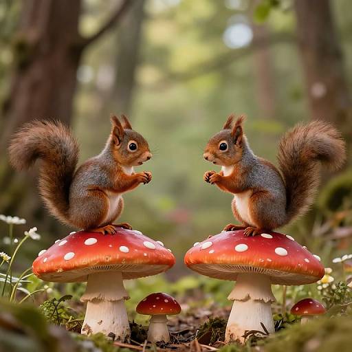 Photograph of two adorable red squirrels sitting on red and white polka-dotted mushrooms in a sunlit forest, both holding tiny pieces of food