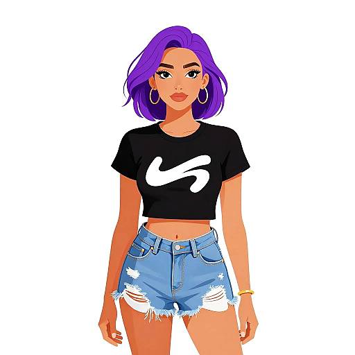 Digital illustration of a woman with purple hair, black Nike crop top, and distressed denim shorts, standing against a white background.