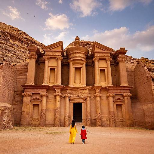 Photograph of a desert temple with ornate, sandstone architecture. Two people, one in yellow robe, one in red coat, stand in front