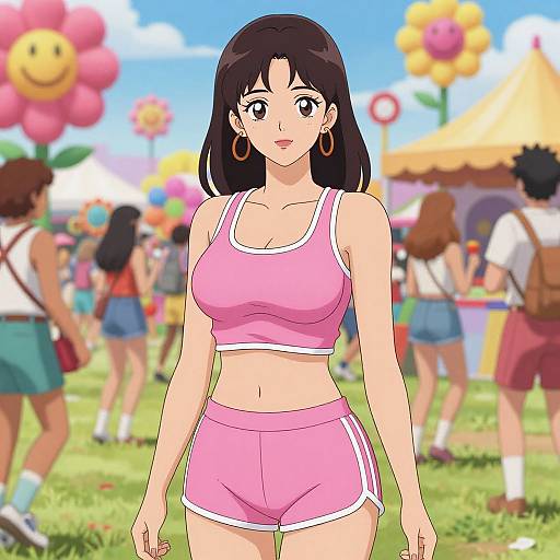 Anime-style digital drawing of a cute, dark-haired woman with large breasts, wearing a pink sports bra and shorts, standing in a colorful, sunny park