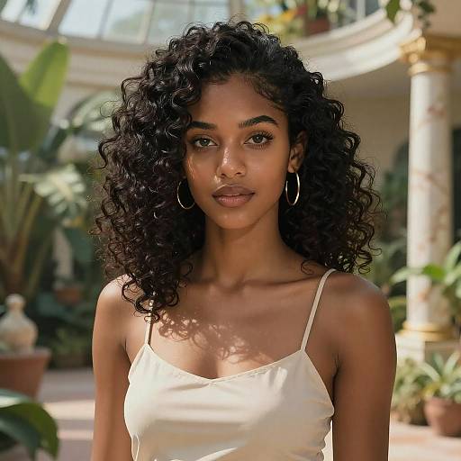Photograph of a beautiful, dark-skinned woman with curly black hair, wearing a white spaghetti-strap top and large hoop earrings, standing in a
