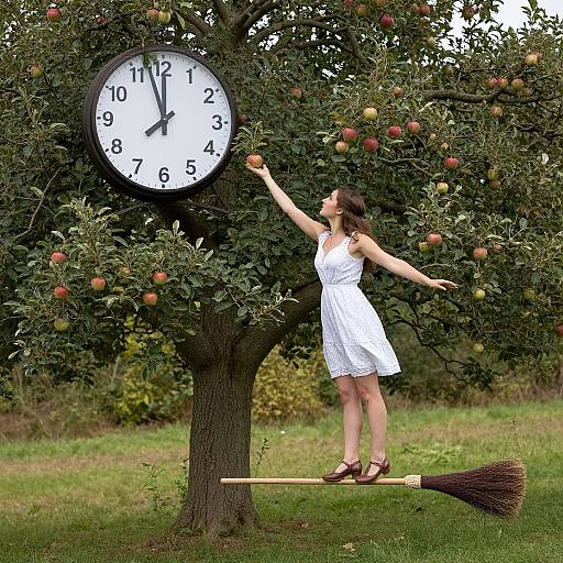 Photograph of a woman in a white dress standing on a broomstick, reaching for apples on a tree, with a large clock above.