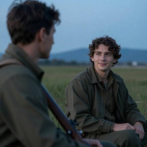 Two Men Relaxing in Grassy Field at Dusk