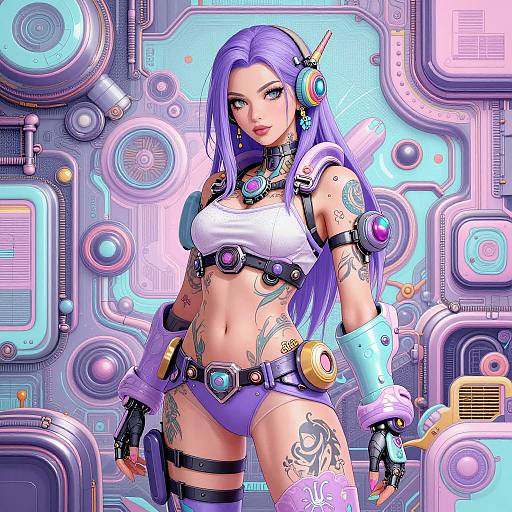 Digital art of a purple-haired, tattooed cyberpunk woman with futuristic armor, white crop top, and purple shorts, standing in a vibrant, neon