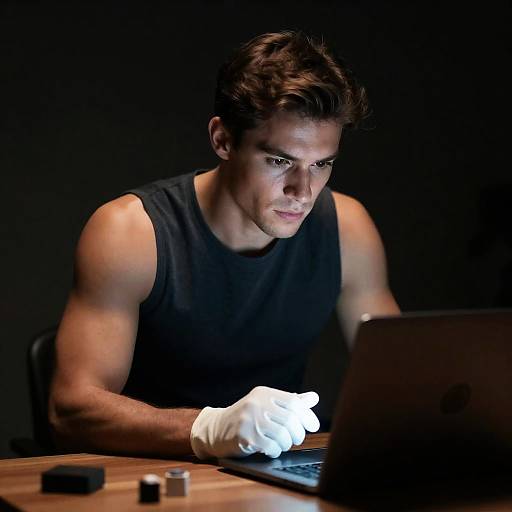 Focused Man with Glowing Object at Laptop