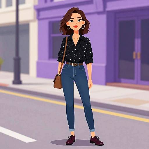Digital illustration of a stylish woman with brown hair, wearing a black polka dot shirt, blue jeans, black boots, and a brown shoulder bag,