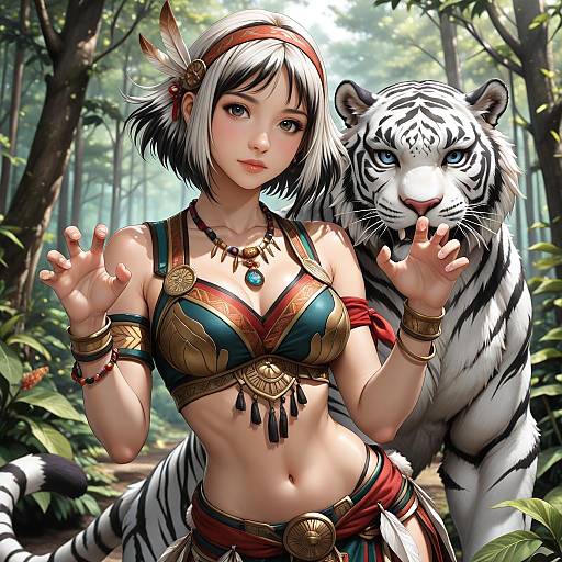 Digital art of an anime-style young woman with white hair, wearing a tribal bikini, standing in a forest with a white tiger behind her.