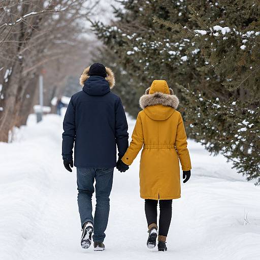 Photograph of a couple walking hand-in-hand in snowy landscape, wearing winter jackets—one black with fur hood, one yellow with fur hood. Snow-covered