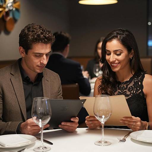 Couple Reading Menus at Elegant Restaurant