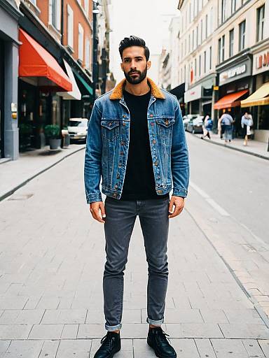 Man in Grey Jeans and Denim Jacket