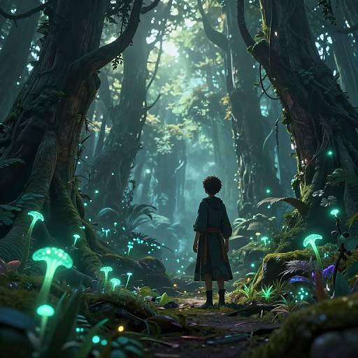 Digital fantasy art: Silhouetted figure in cloak stands amidst glowing mushrooms and bioluminescent forest, sunlight filtering through towering trees.
