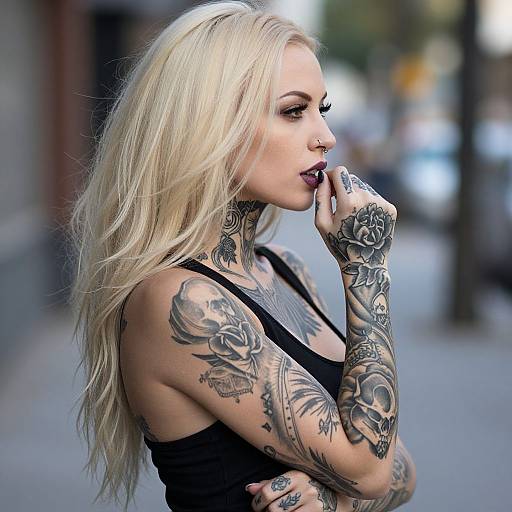 Photograph of a blonde woman with extensive black and gray tattoos, wearing a black tank top, thoughtfully biting her finger, standing on a blurred urban