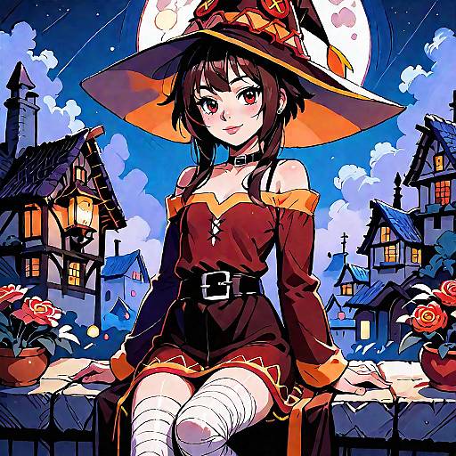 Anime Witch Girl at Night Balcony