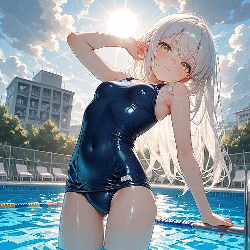 Anime Girl in One-Piece Swimsuit at Poolside