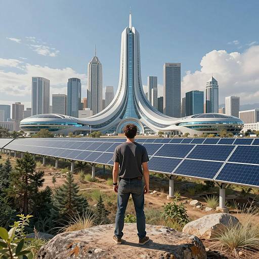 Man overlooking futuristic city with solar panels