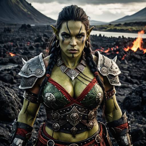 Fierce Female Orc Warrior on Volcanic Battlefield
